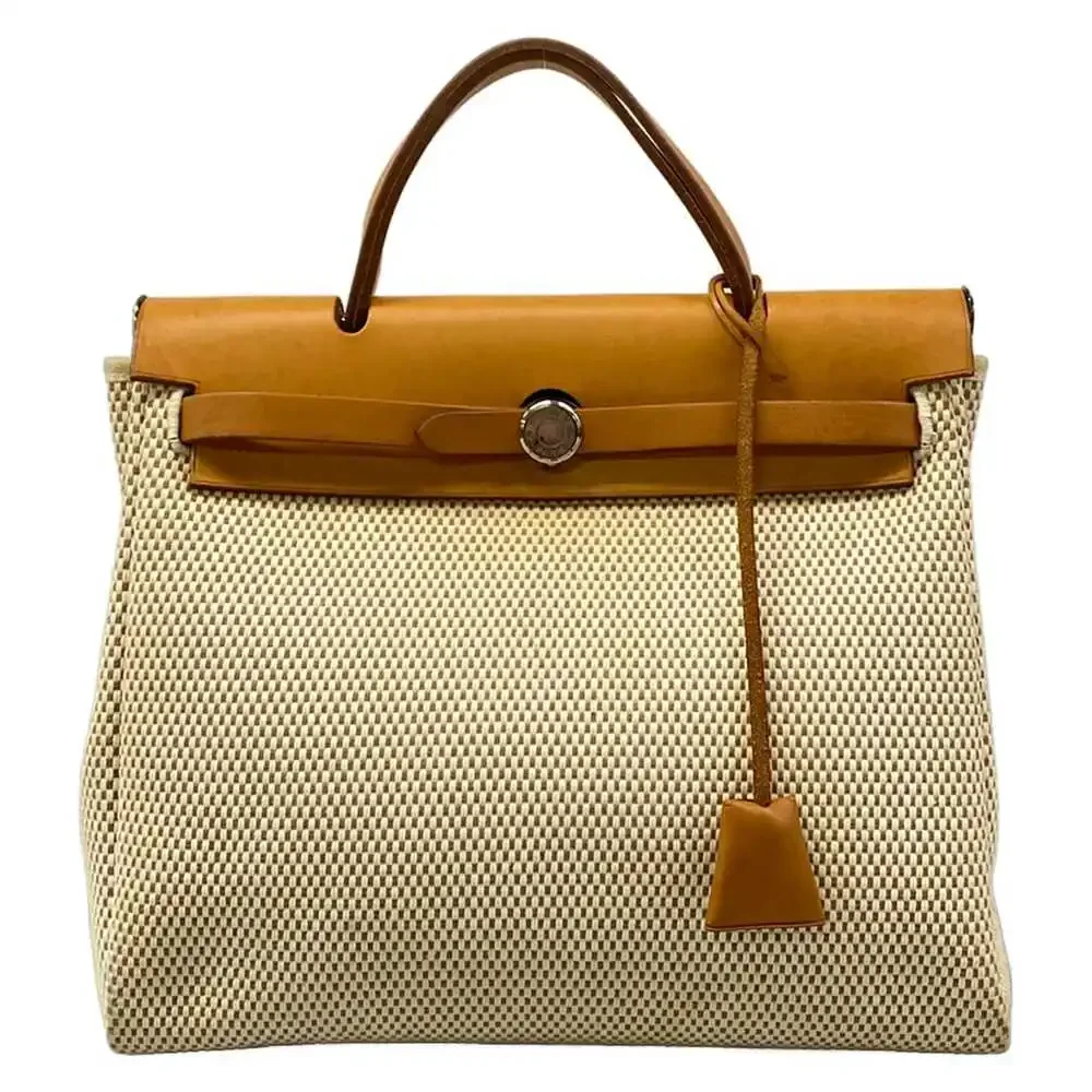 Hermès Herbag PM Handbag Cream Brown Toile GM Leather